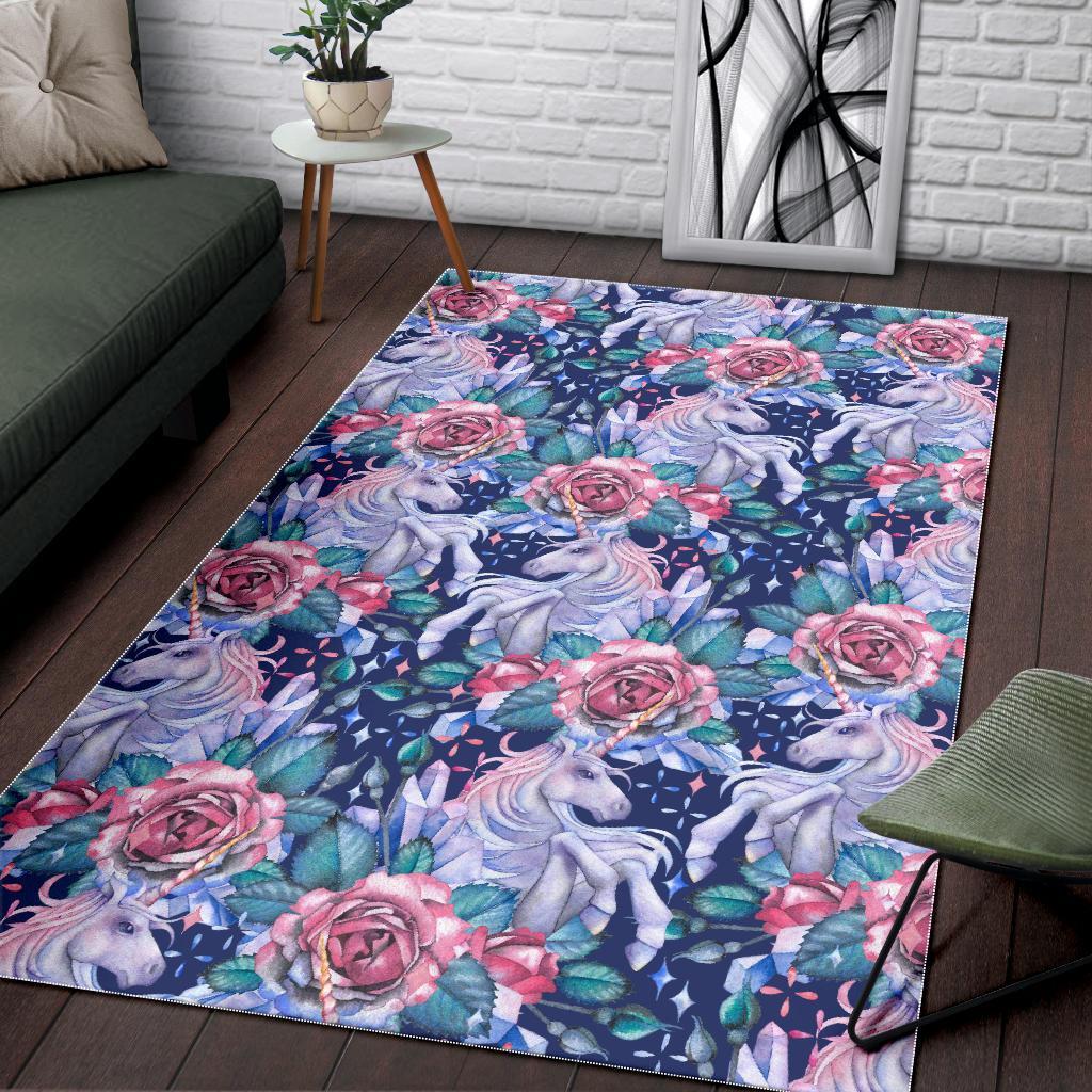 Blue Fairy Rose Unicorn Pattern Print Area Rug