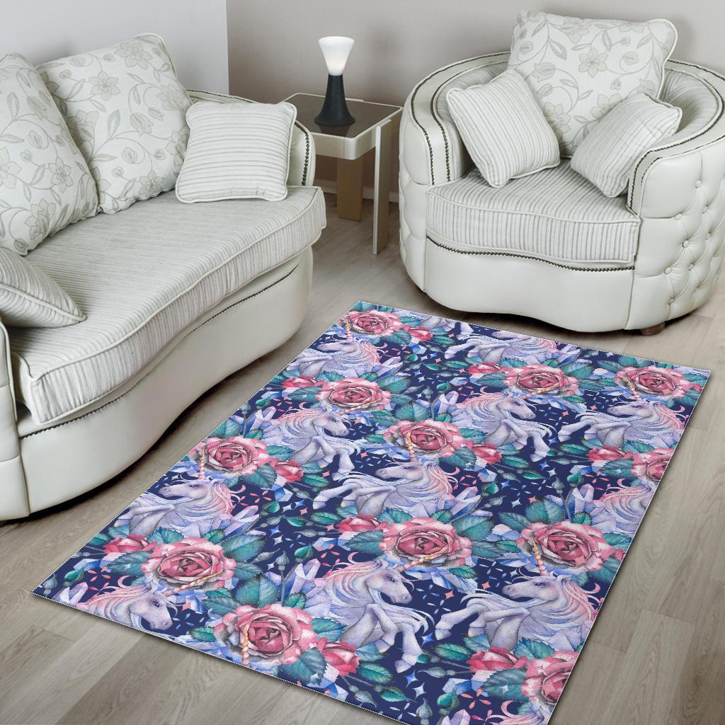 Blue Fairy Rose Unicorn Pattern Print Area Rug