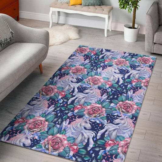Blue Fairy Rose Unicorn Pattern Print Area Rug