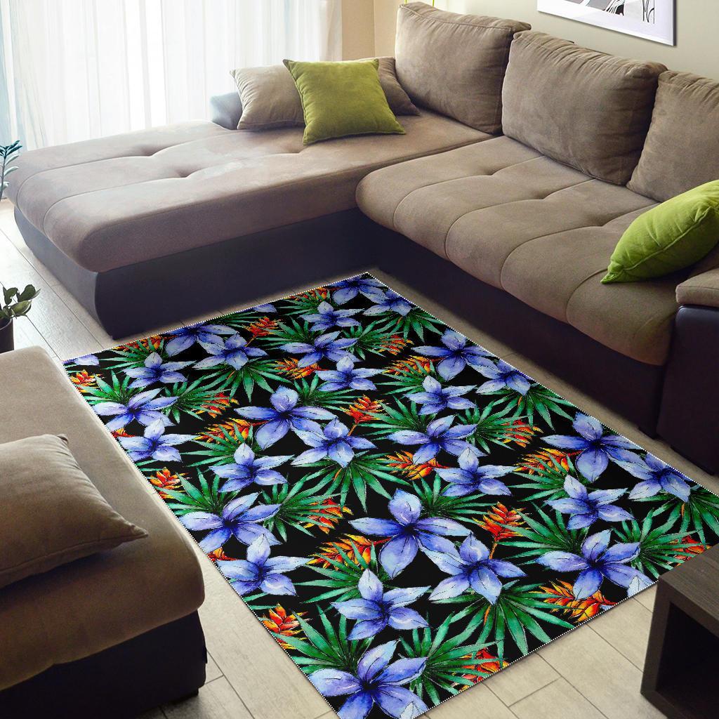 Blue Hawaiian Wildflowers Pattern Print Area Rug