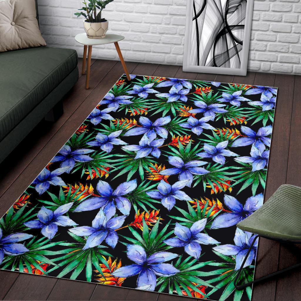 Blue Hawaiian Wildflowers Pattern Print Area Rug