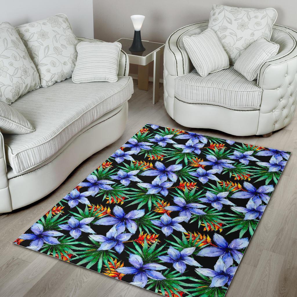 Blue Hawaiian Wildflowers Pattern Print Area Rug