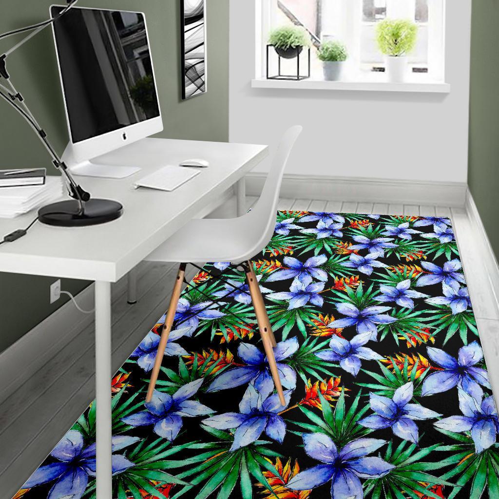 Blue Hawaiian Wildflowers Pattern Print Area Rug