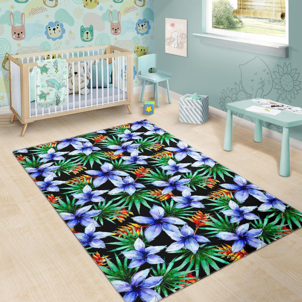 Blue Hawaiian Wildflowers Pattern Print Area Rug