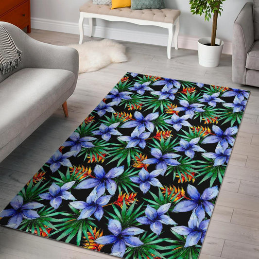 Blue Hawaiian Wildflowers Pattern Print Area Rug