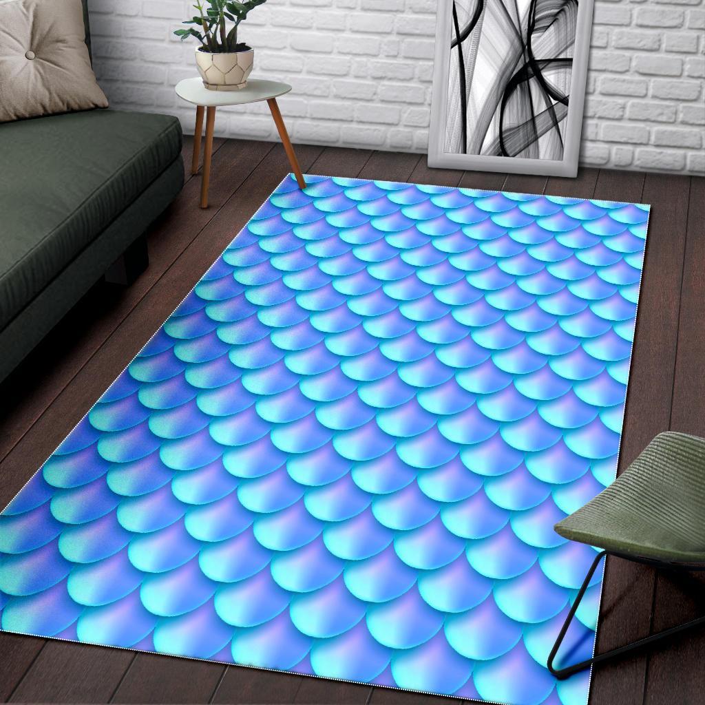 Blue Neon Mermaid Scales Pattern Print Area Rug