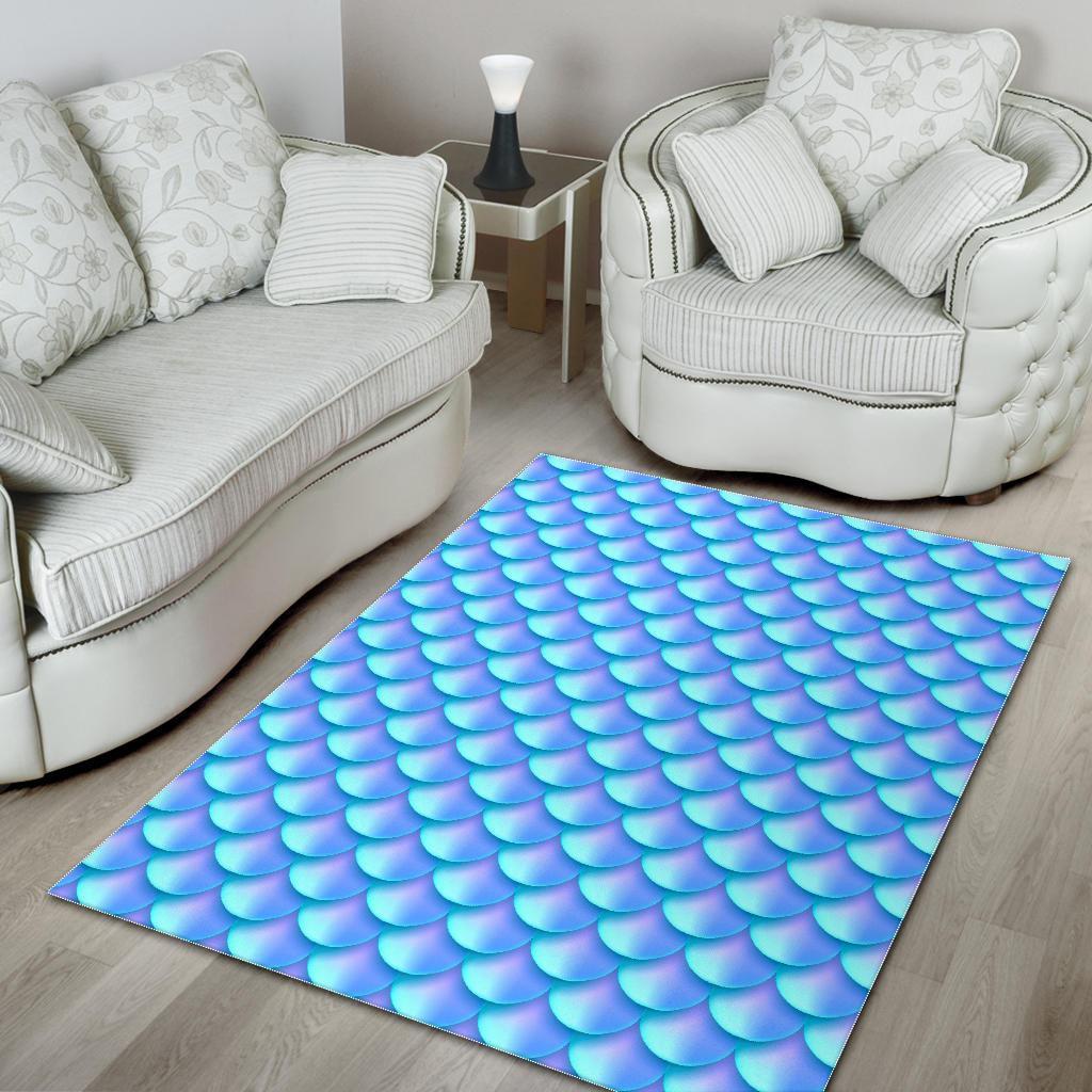Blue Neon Mermaid Scales Pattern Print Area Rug