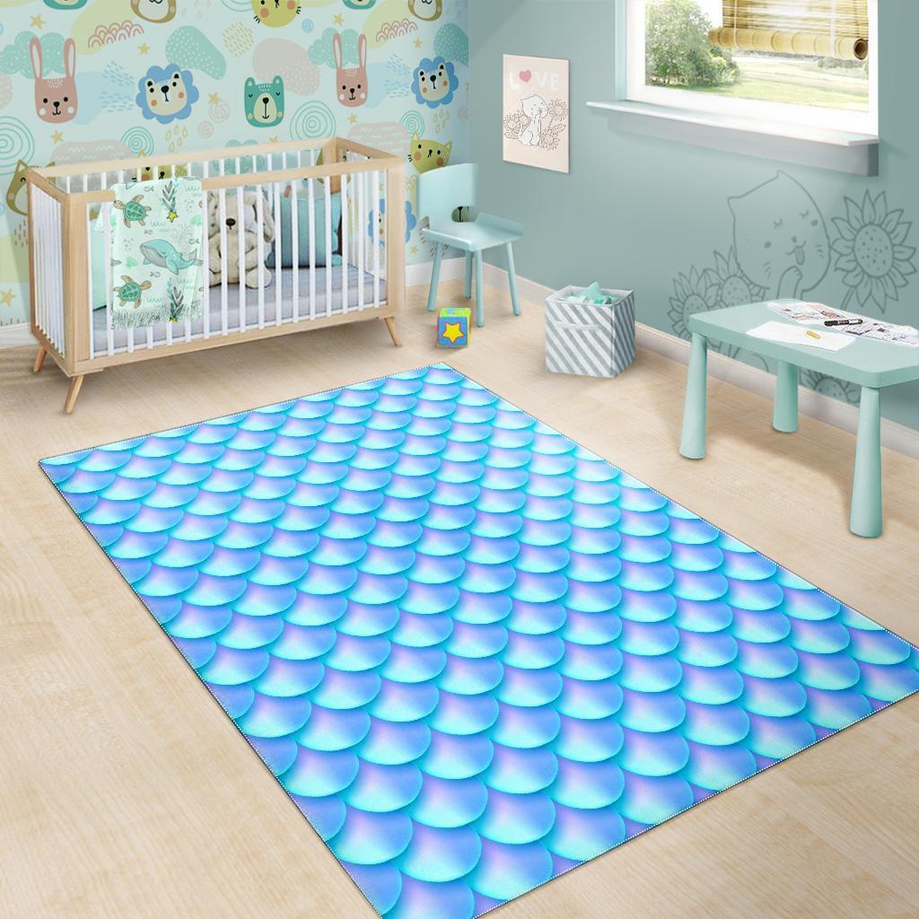 Blue Neon Mermaid Scales Pattern Print Area Rug