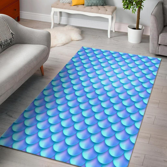 Blue Neon Mermaid Scales Pattern Print Area Rug