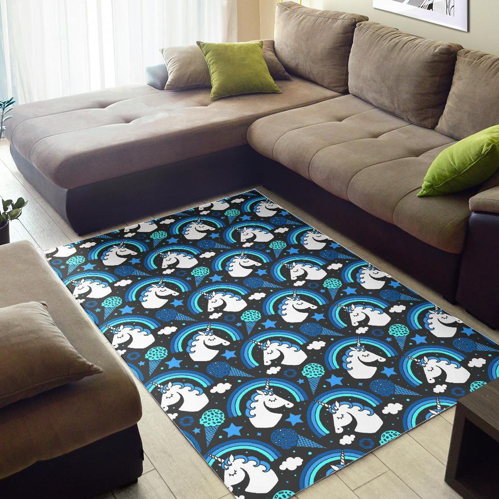 Blue Rainbow Unicorn Pattern Print Area Rug