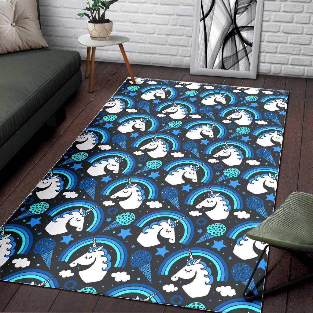 Blue Rainbow Unicorn Pattern Print Area Rug