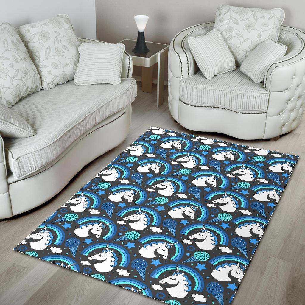 Blue Rainbow Unicorn Pattern Print Area Rug