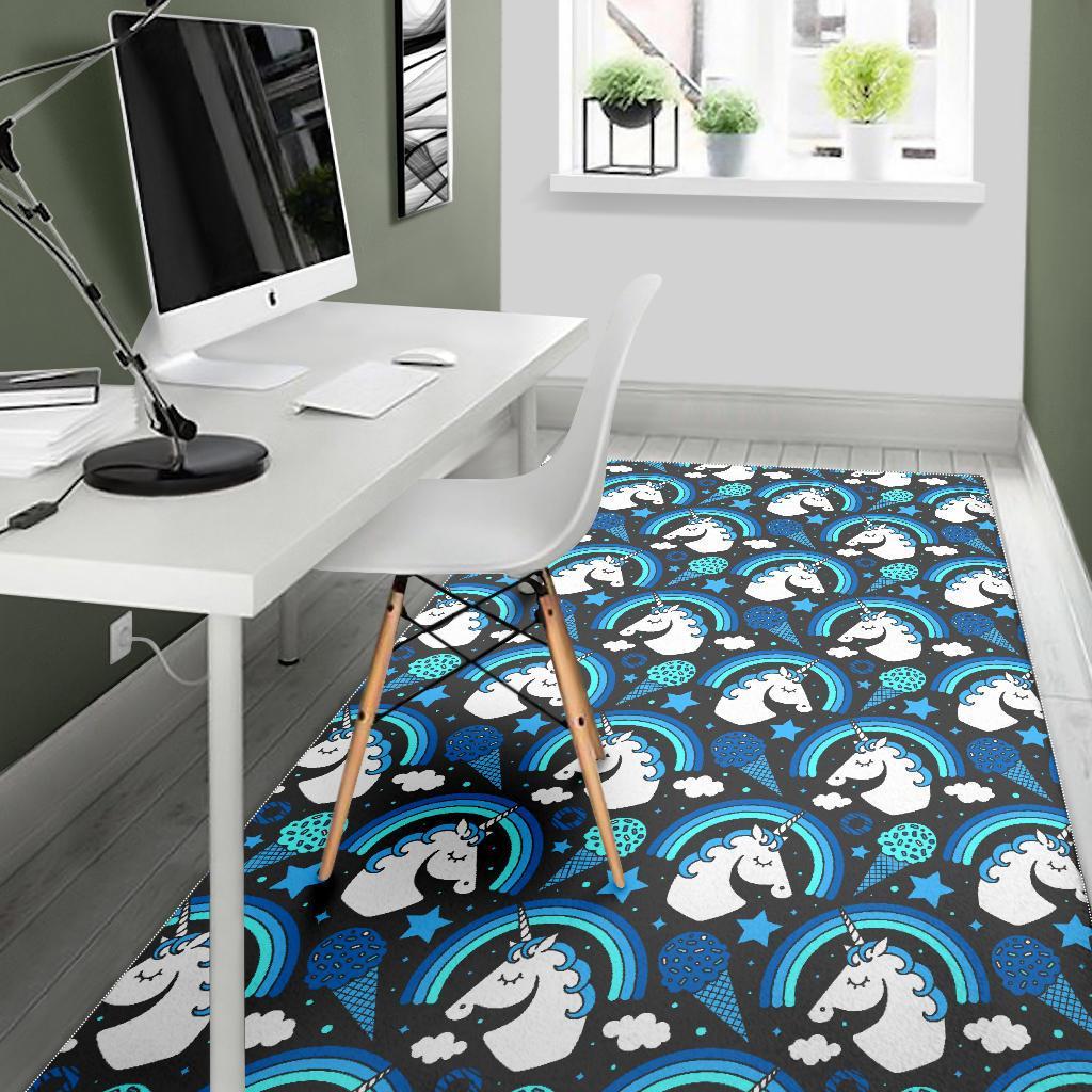 Blue Rainbow Unicorn Pattern Print Area Rug