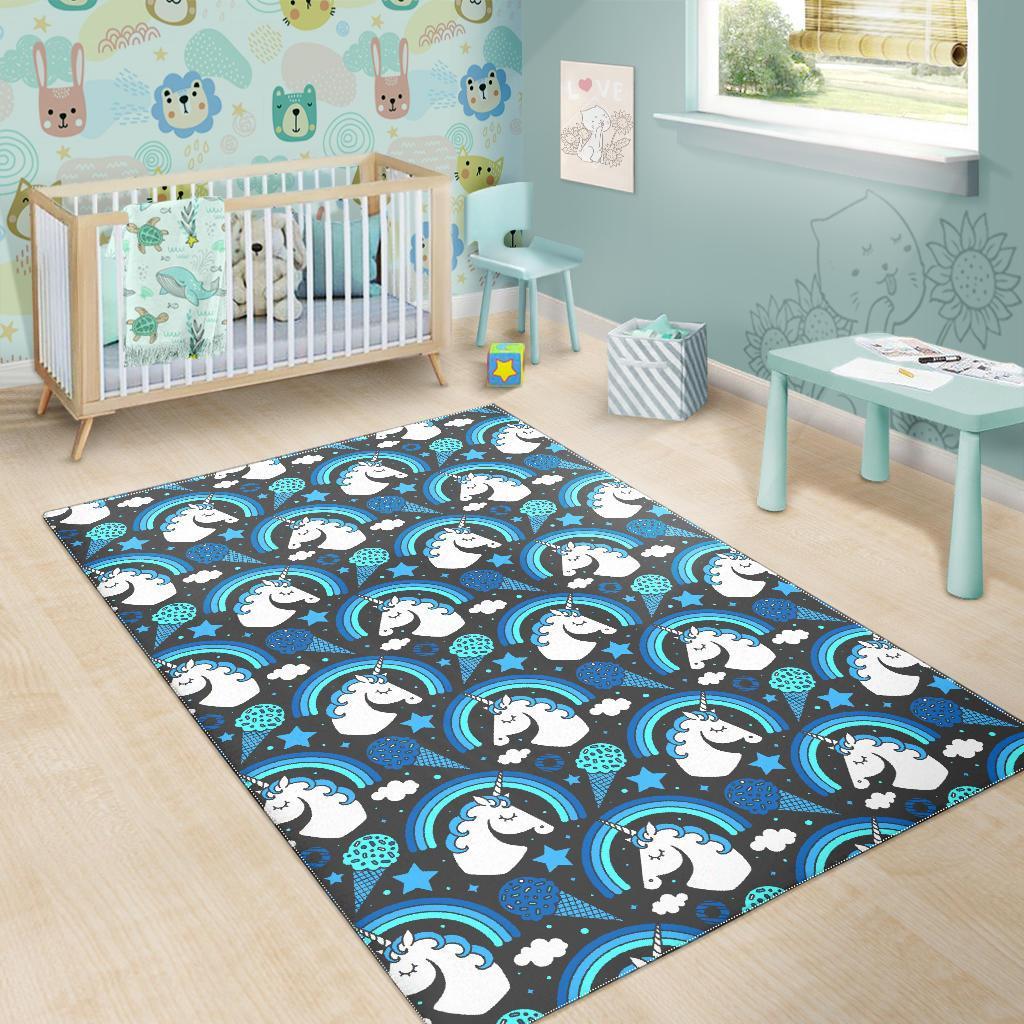 Blue Rainbow Unicorn Pattern Print Area Rug