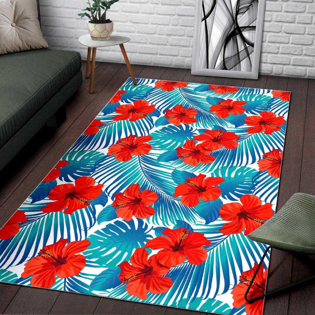 Blue Tropical Hibiscus Pattern Print Area Rug
