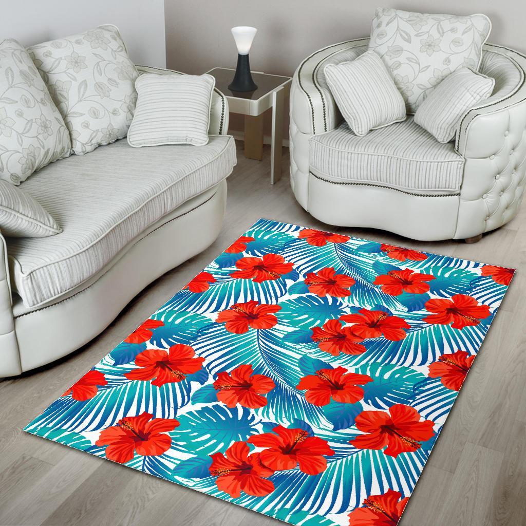 Blue Tropical Hibiscus Pattern Print Area Rug