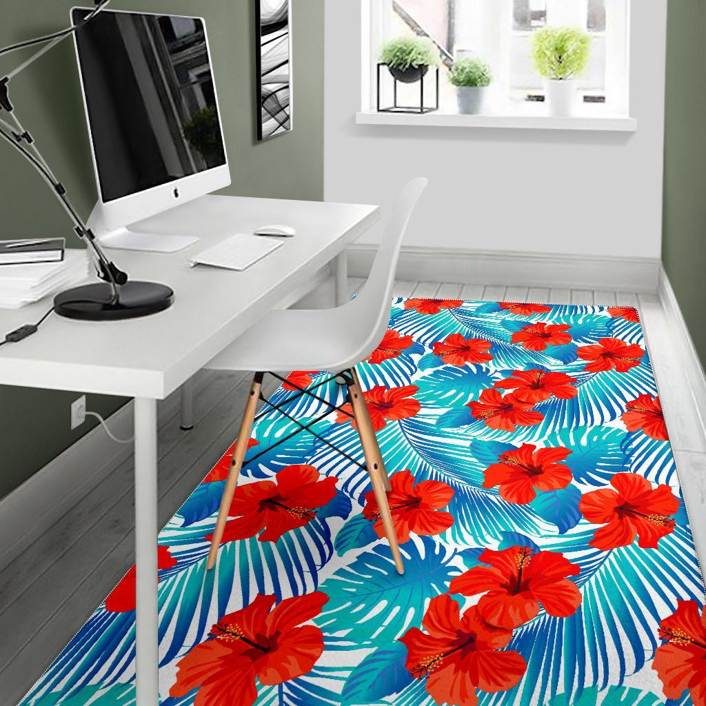 Blue Tropical Hibiscus Pattern Print Area Rug
