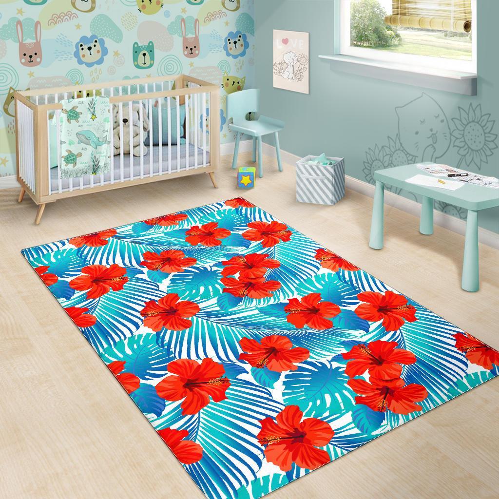 Blue Tropical Hibiscus Pattern Print Area Rug