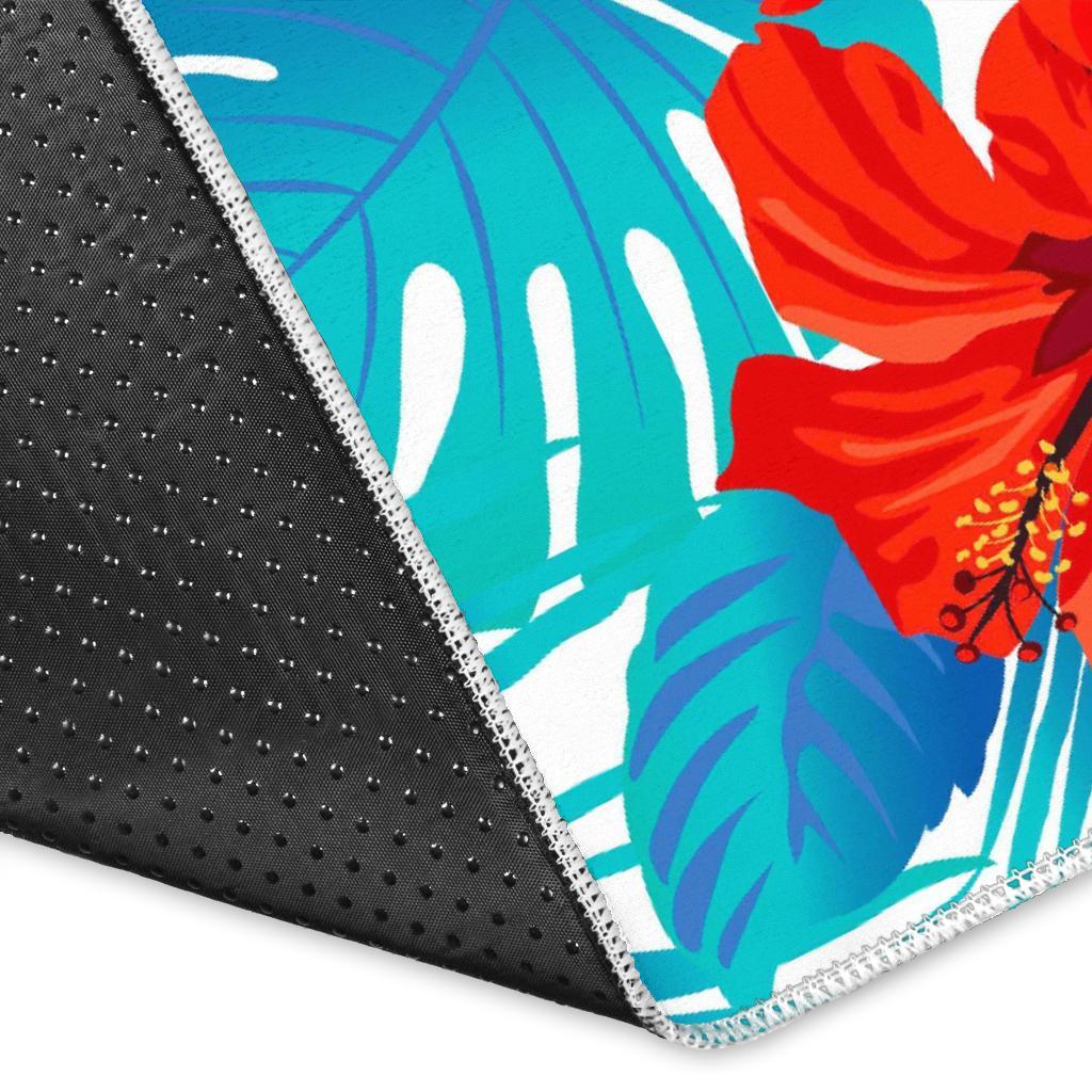 Blue Tropical Hibiscus Pattern Print Area Rug