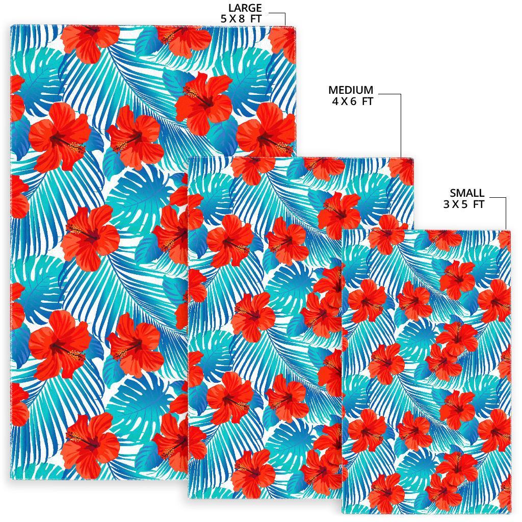 Blue Tropical Hibiscus Pattern Print Area Rug