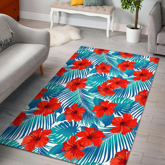 Blue Tropical Hibiscus Pattern Print Area Rug