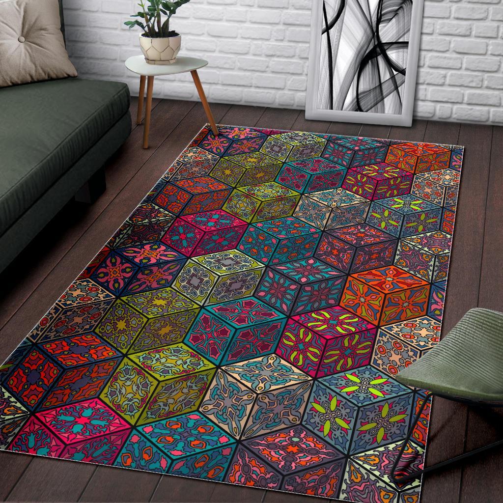 Bohemian Indian Box Pattern Print Area Rug