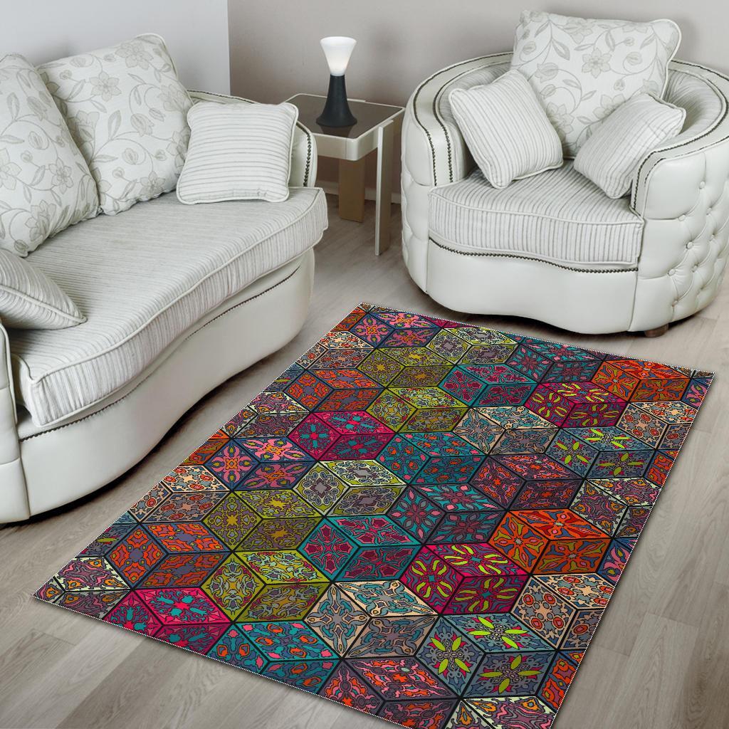 Bohemian Indian Box Pattern Print Area Rug