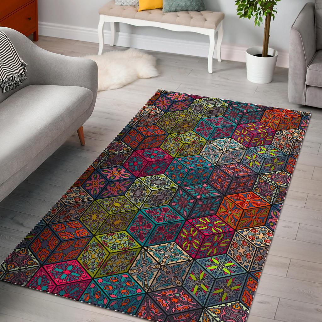 Bohemian Indian Box Pattern Print Area Rug