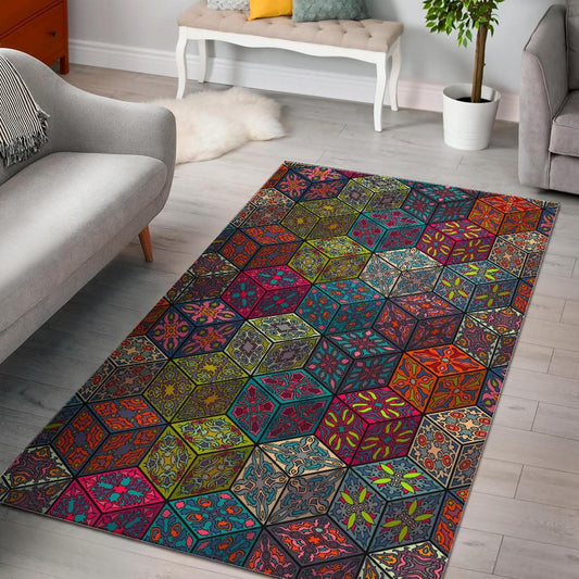 Bohemian Indian Box Pattern Print Area Rug