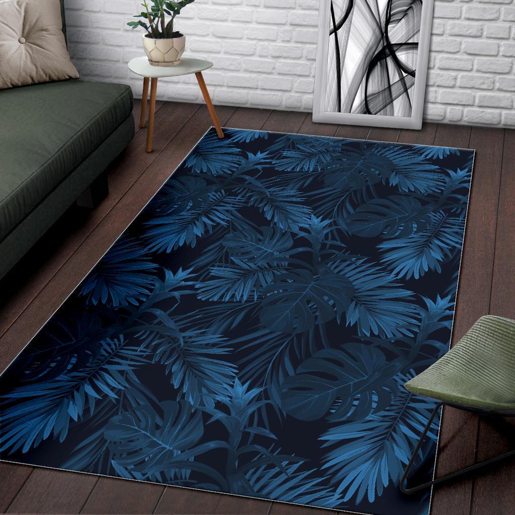 Dark Blue Tropical Leaf Pattern Print Area Rug