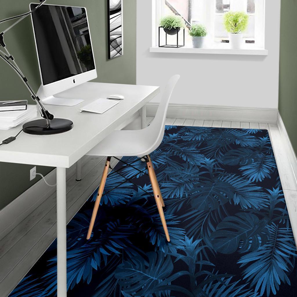 Dark Blue Tropical Leaf Pattern Print Area Rug