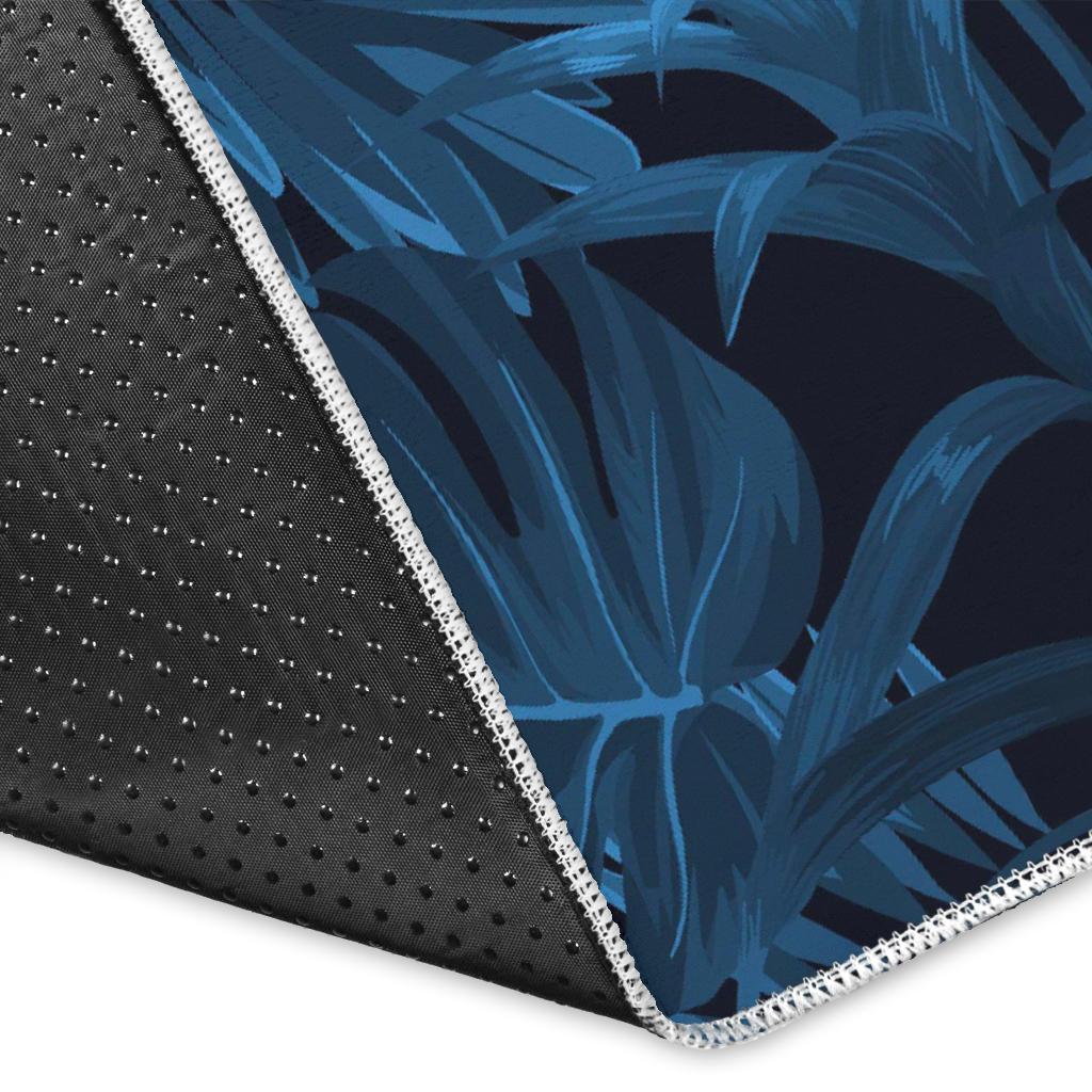 Dark Blue Tropical Leaf Pattern Print Area Rug