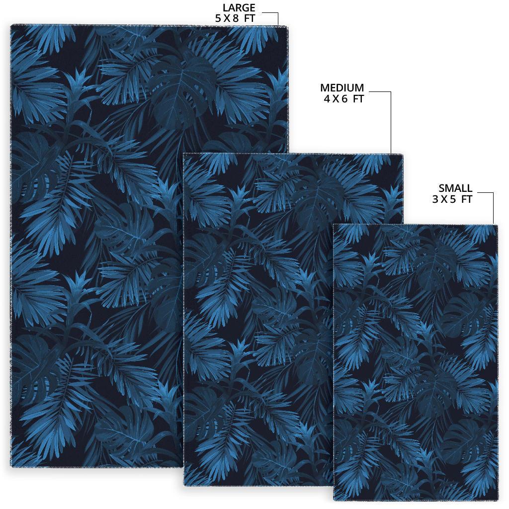 Dark Blue Tropical Leaf Pattern Print Area Rug