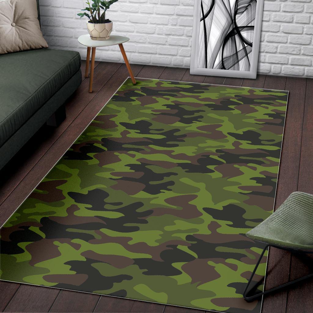 Dark Green And Black Camouflage Print Area Rug