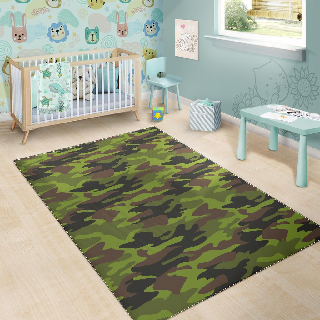 Dark Green And Black Camouflage Print Area Rug
