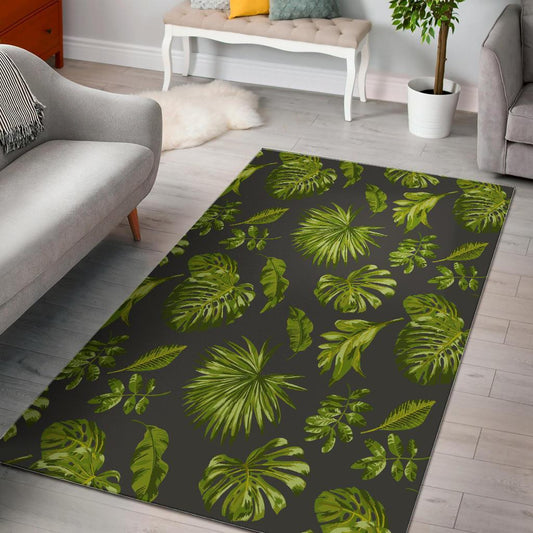 Dark Tropical Leaf Pattern Print Area Rug