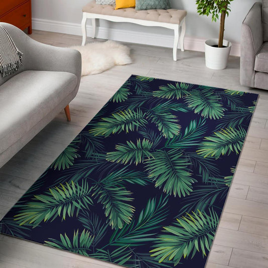 Dark Tropical Palm Leaf Pattern Print Area Rug