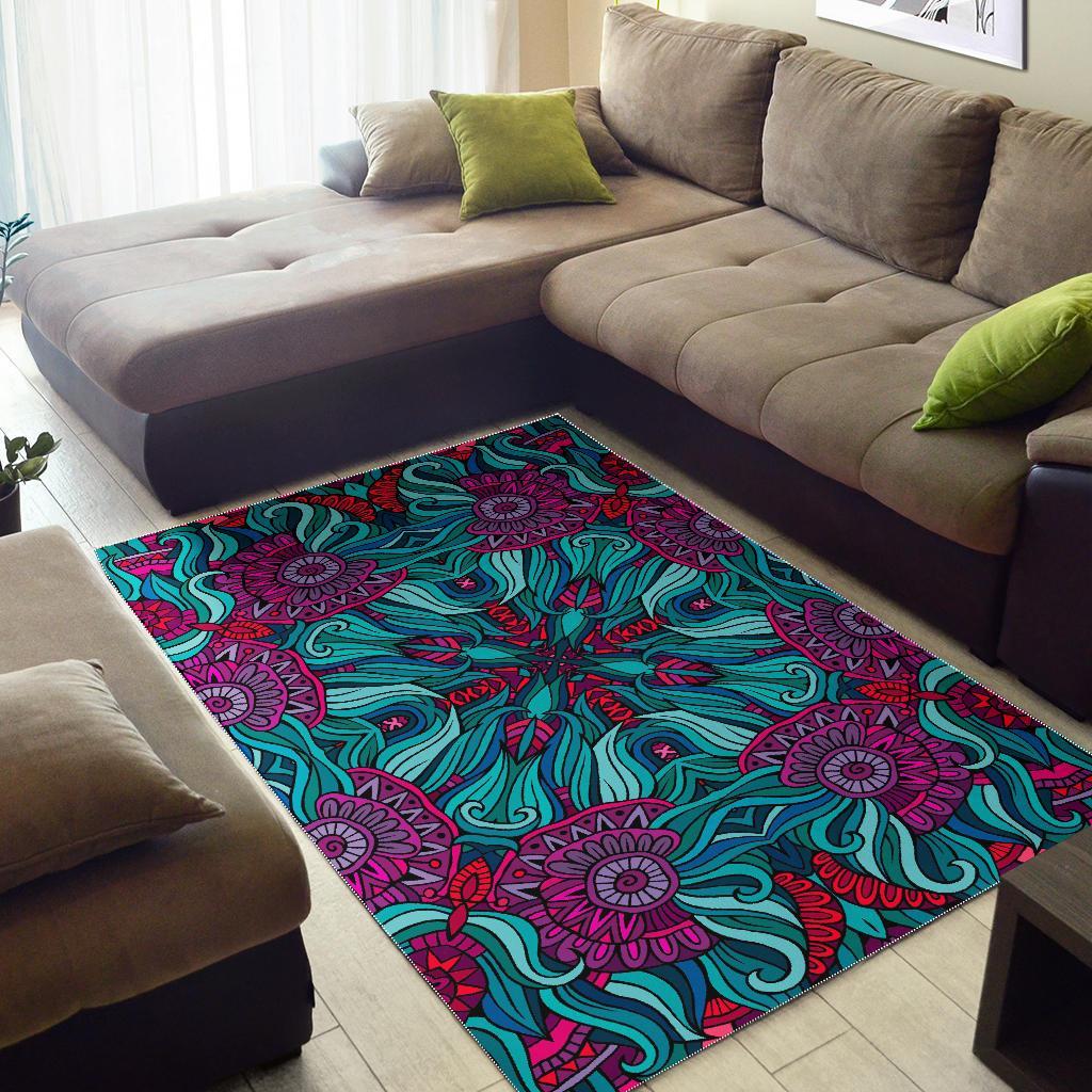 Ethnic Teal Bohemian Pattern Print Area Rug