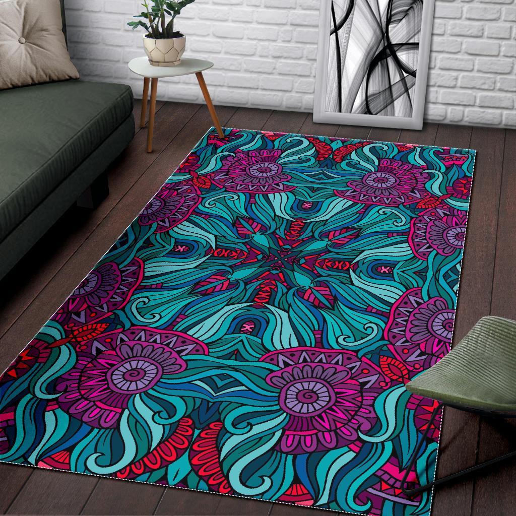 Ethnic Teal Bohemian Pattern Print Area Rug