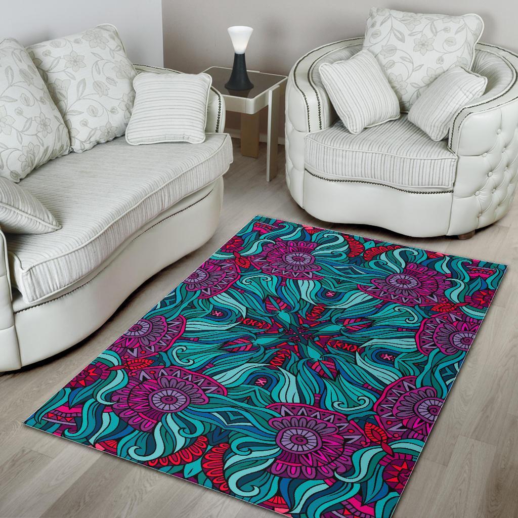 Ethnic Teal Bohemian Pattern Print Area Rug