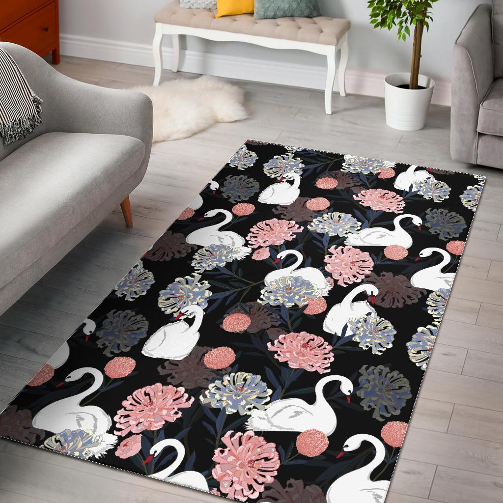 white swan blooming flower pattern Area Rug