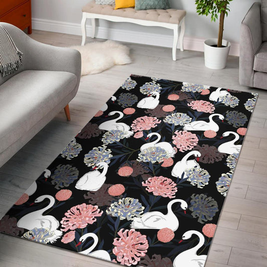 white swan blooming flower pattern Area Rug
