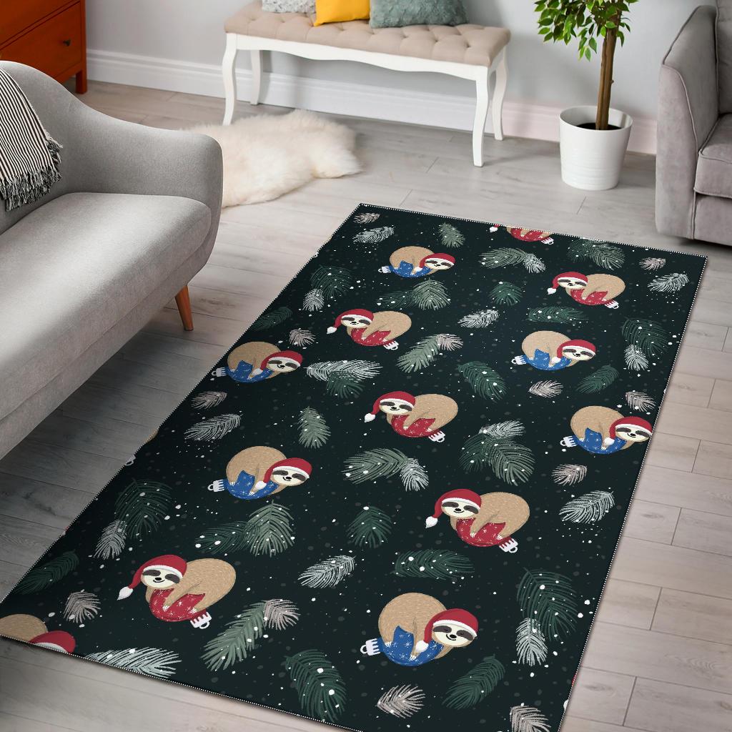 Cute sloths sleeping christmas ball santa hat pattern Area Rug