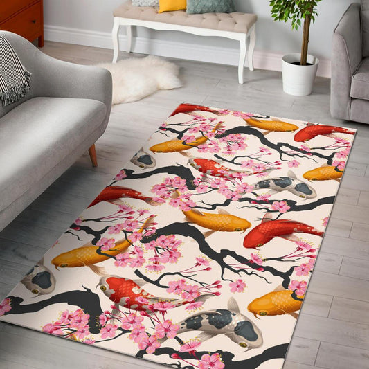 Colorful Koi Fish Carp Fish and Sakura Pattern Area Rug
