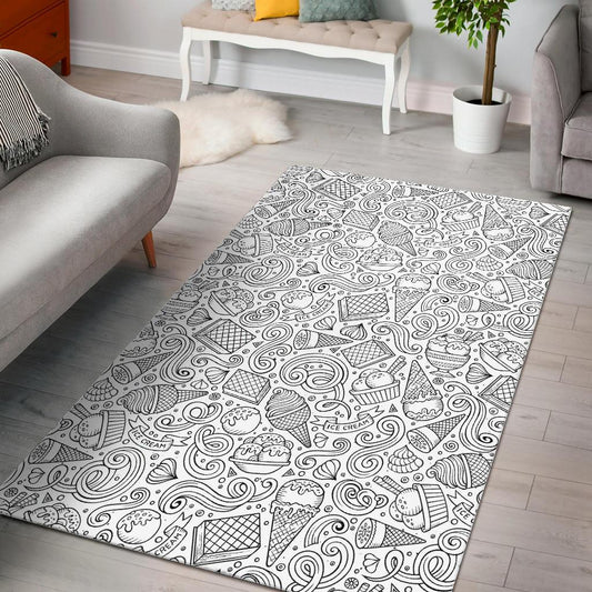 Cartoon hand drawn ice cream black white Area Rug