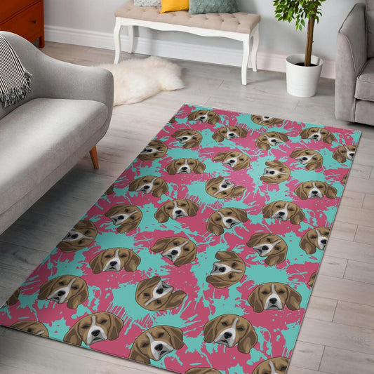 Beagle muzzles turquoise paint splashes pink pattern Area Rug