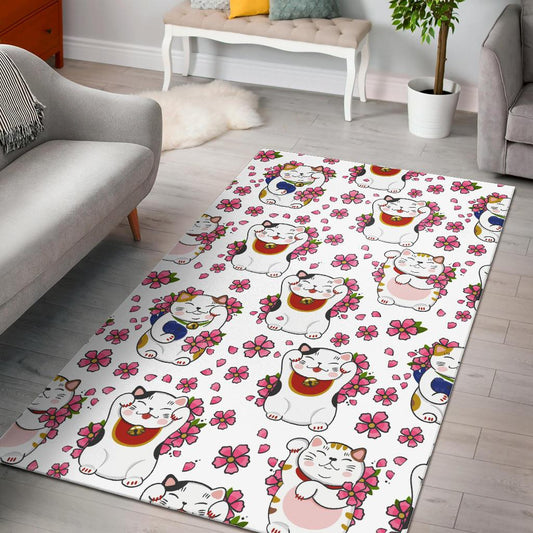 Meneki Neko Lucky Cat Sakura Flower Pattern Area Rug
