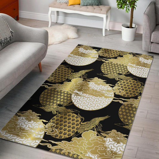 Gold Could Crane Japanese Pattern Area Rug