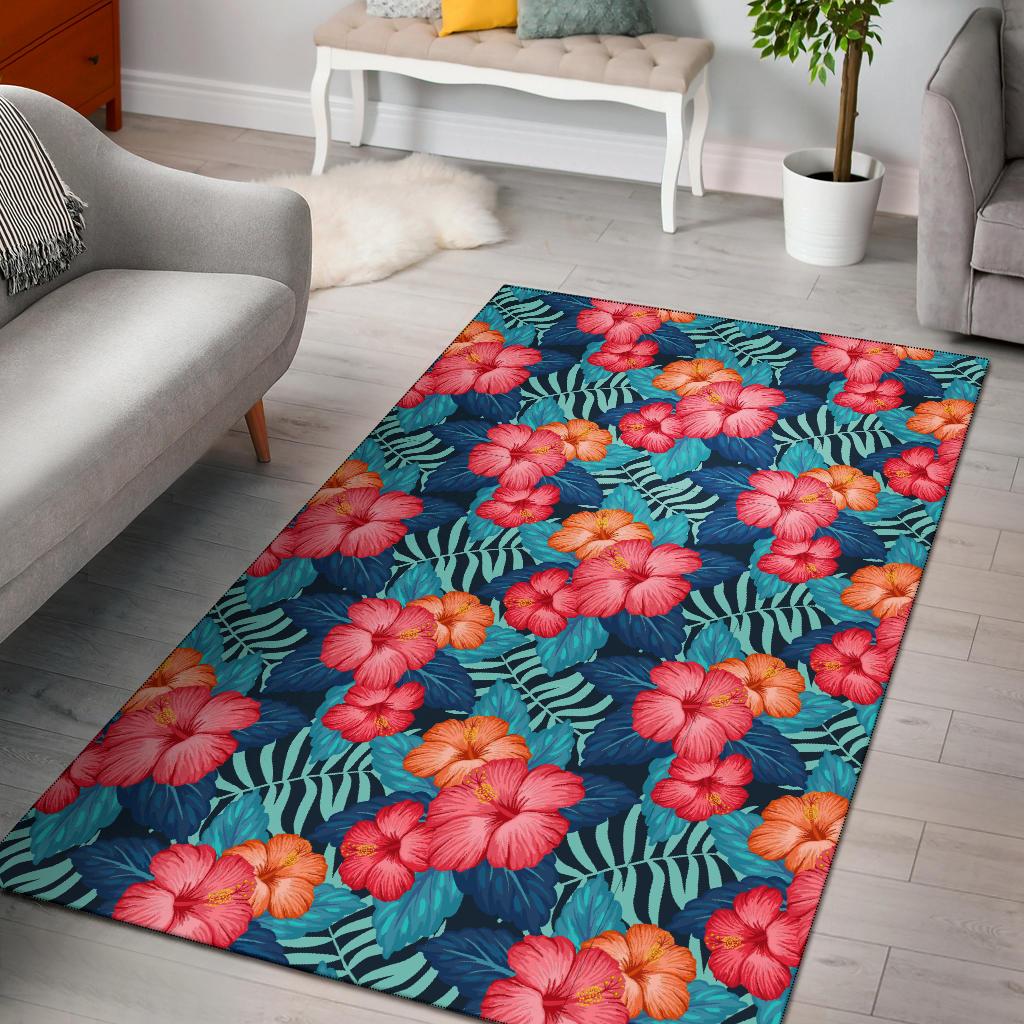 Red Hibiscus Pattern Print Design HB02 Area Rugs