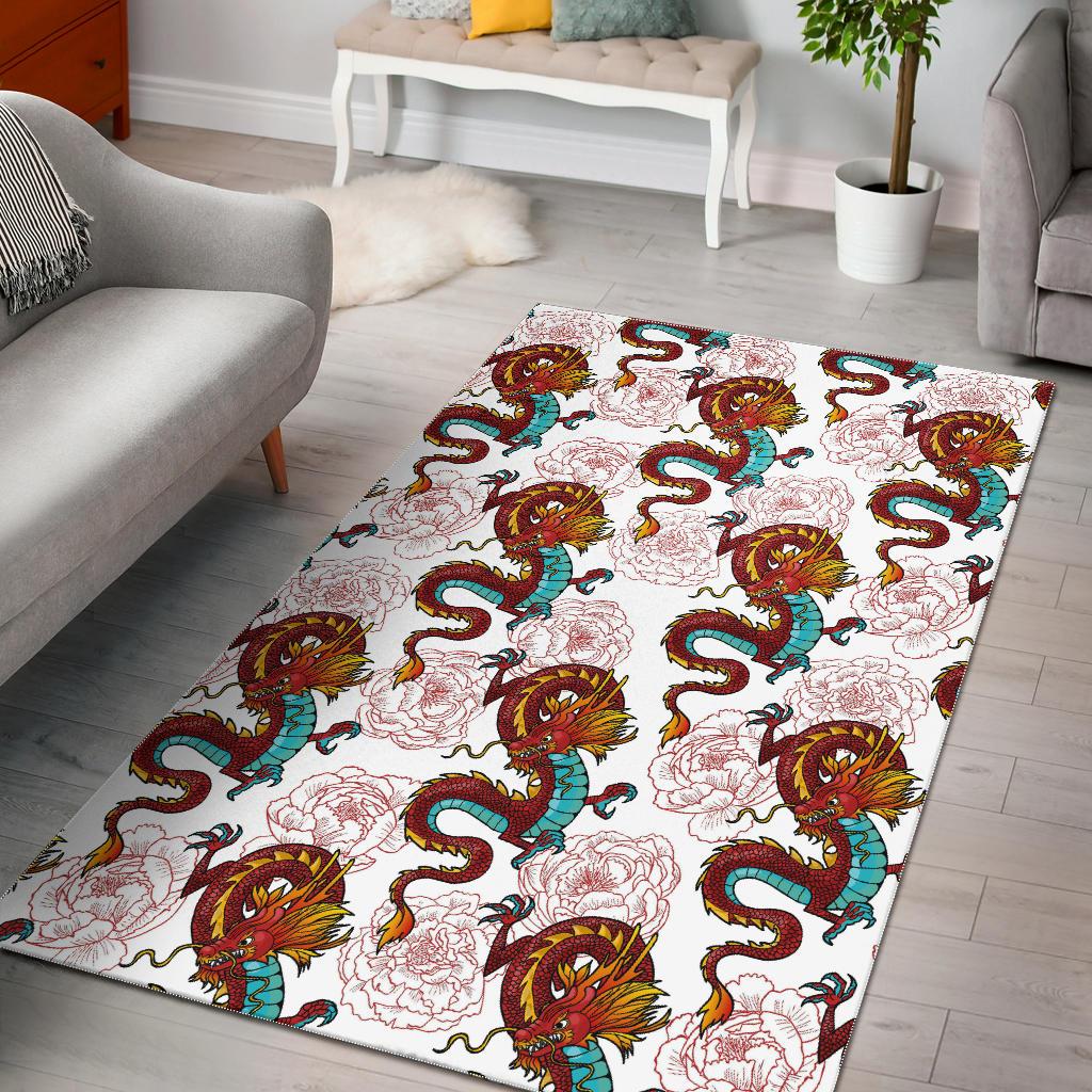 Red Dragon Hibiscus Pattern Area Rug